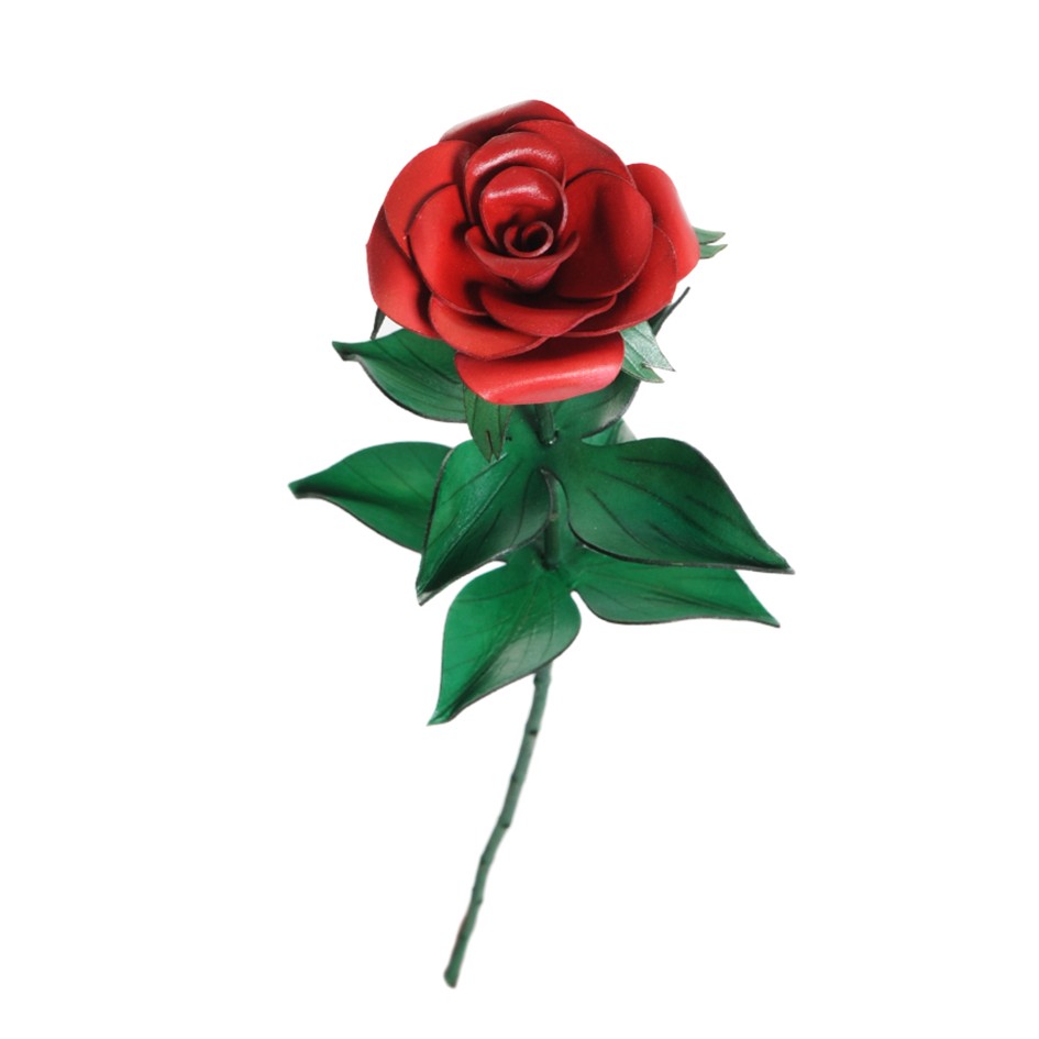 rose rouge en cuir sur tige et ses feuille